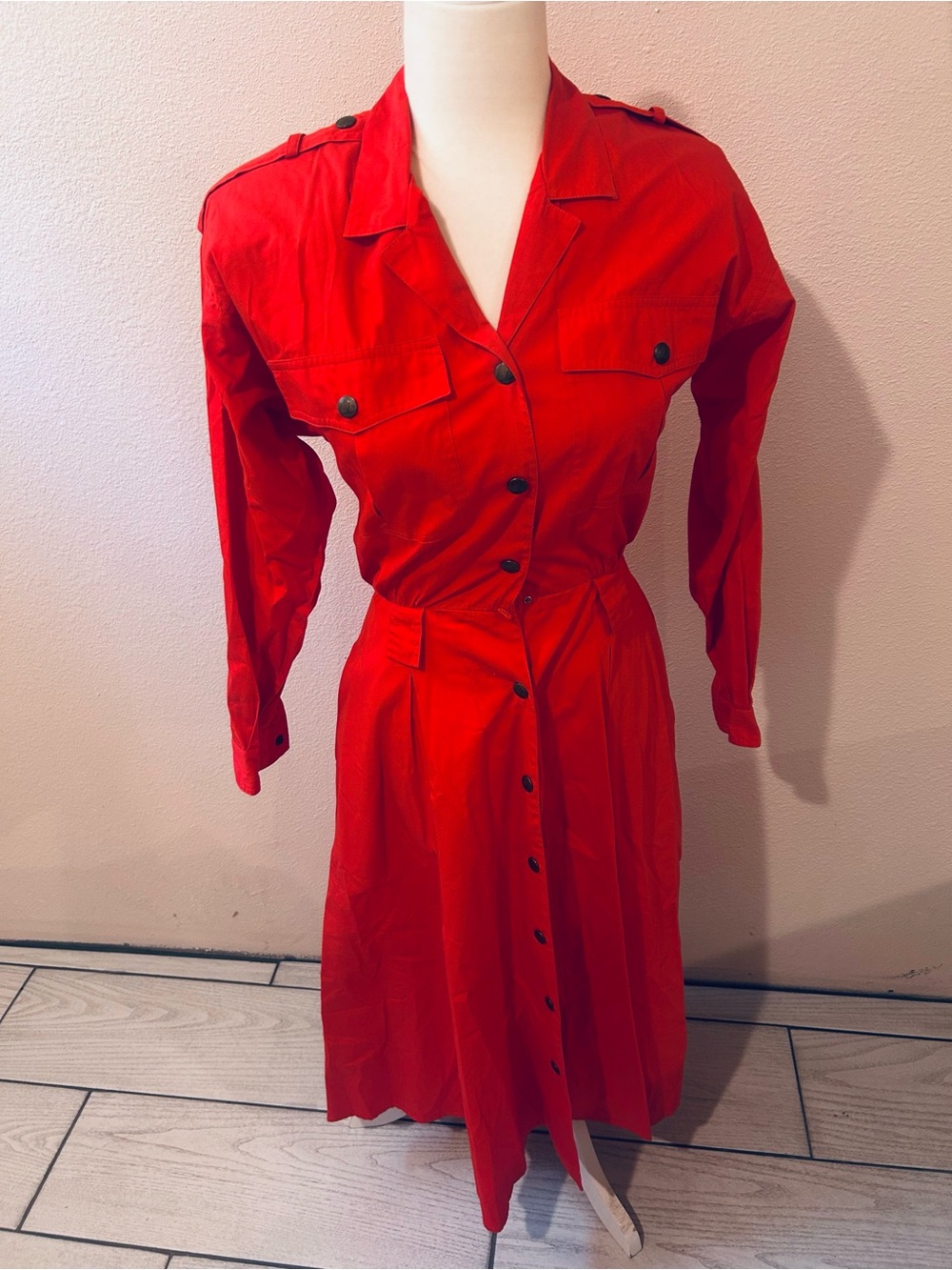 Liz Claiborne Vibrant Red Long-Sleeve Button Shirt Dress
